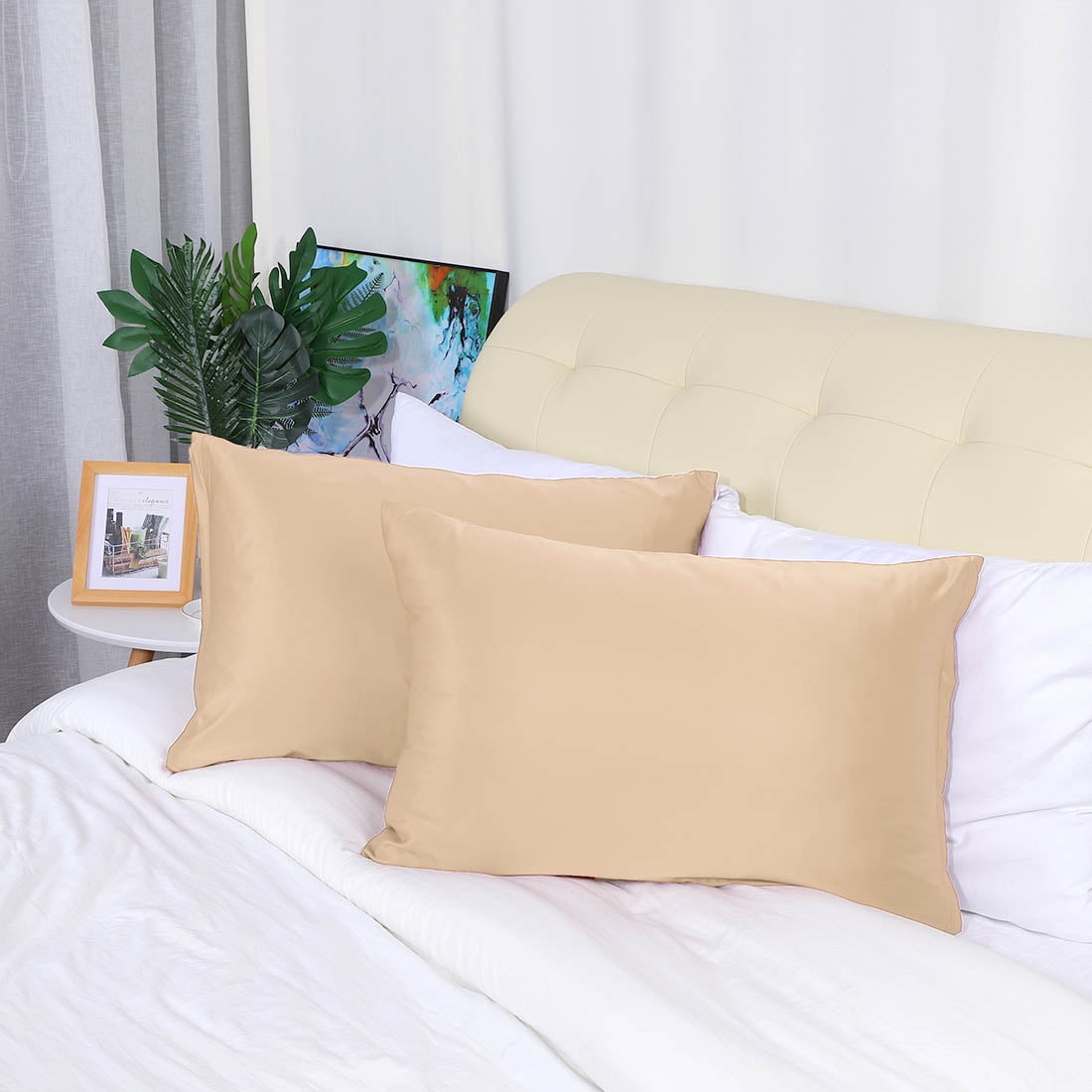 Unique Bargains Set of 4 Silky Satin Pillowcases Pillow Cover Champagne King