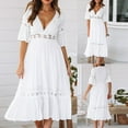 thumbnail image 2 of Edvintorg Sundresses for Women White Midi Dress Summer Holiday Women閳ユ┎ Sexy Solid Dress Hollow Chiffon Short Sleeve V-Neck Long Dress, 2 of 7