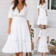 thumbnail image 1 of ICHUANYI Clearance Women’s Sexy Solid Dress Hollow Chiffon Short Sleeve V-Neck Long Dress(White, S) ICHUANYI WER2023080711744, 1 of 8