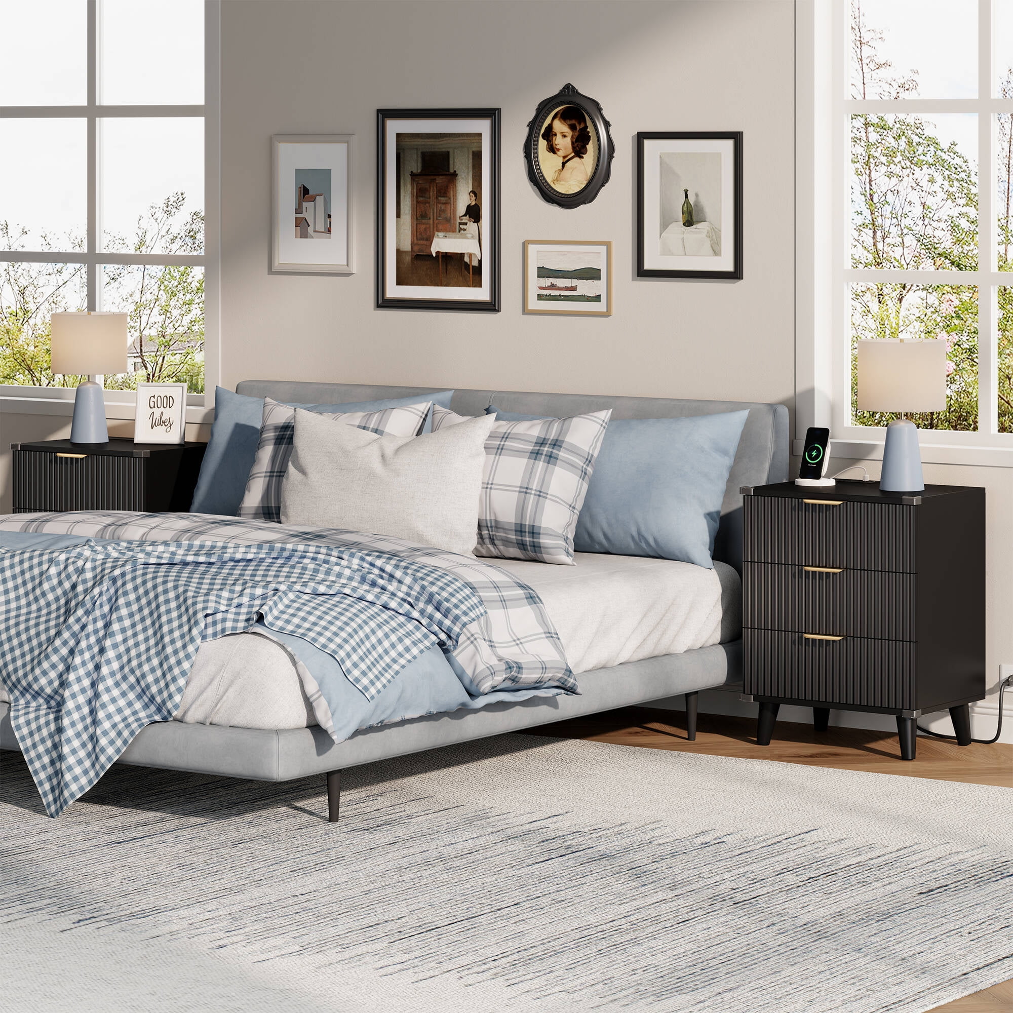 Laintene 3-Drawer Dresser Set of 2, Nightstand with Charging Station - Modern Fluted with Solid Wood Legs, 2 AC Outlets & 2 USB Ports, Small End Table with Storage, Black