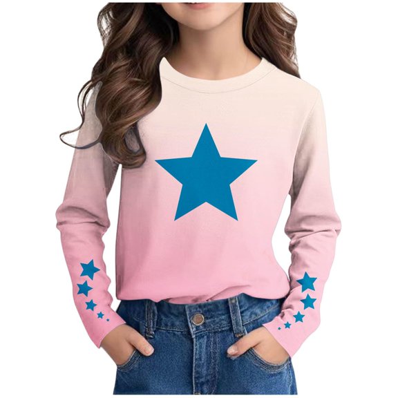 XQYLOS Kids Printed Sweatshirt Crewneck Loose Fit Star Graphic Pullover Cute Casual Girls Shirts Tops for 3-14 Years Trendy