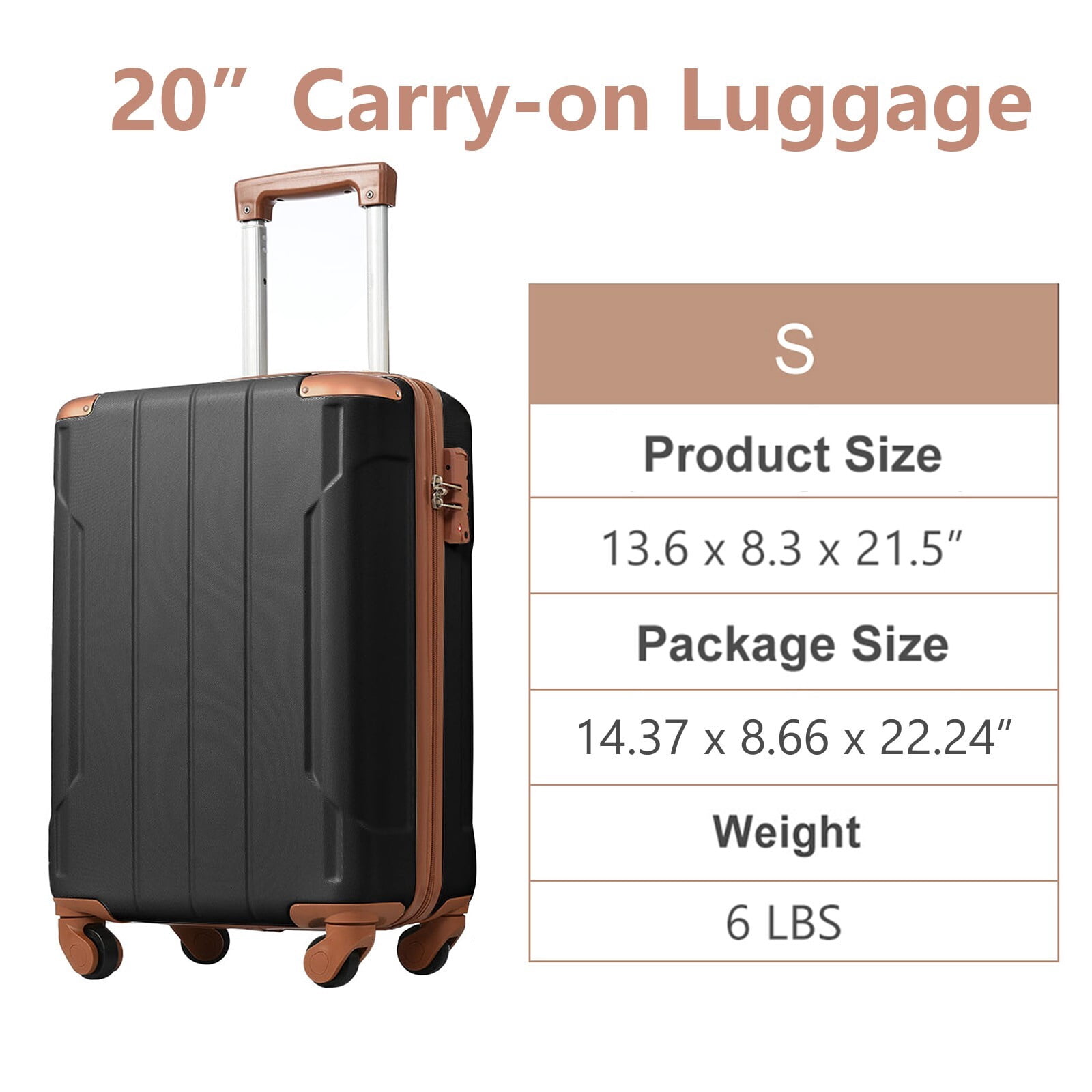 EUROCO 20" Hardshell Carry-On Luggage, ABS Lightweight Durable Suitcase with TSA Lock and Double Spinner Wheels for Travel,Black Brown