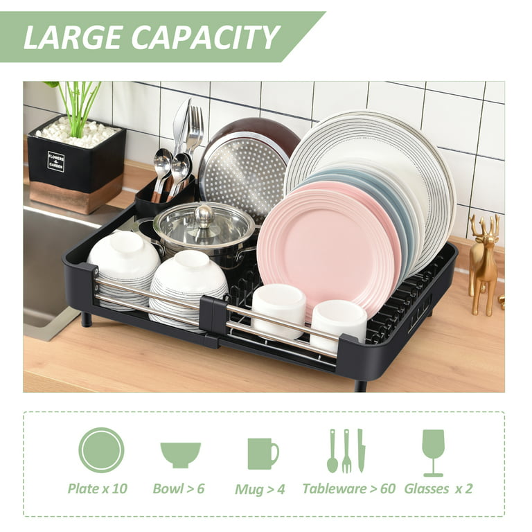 Large Dish Drying Rack With Drainer, Extendable Dish Rack