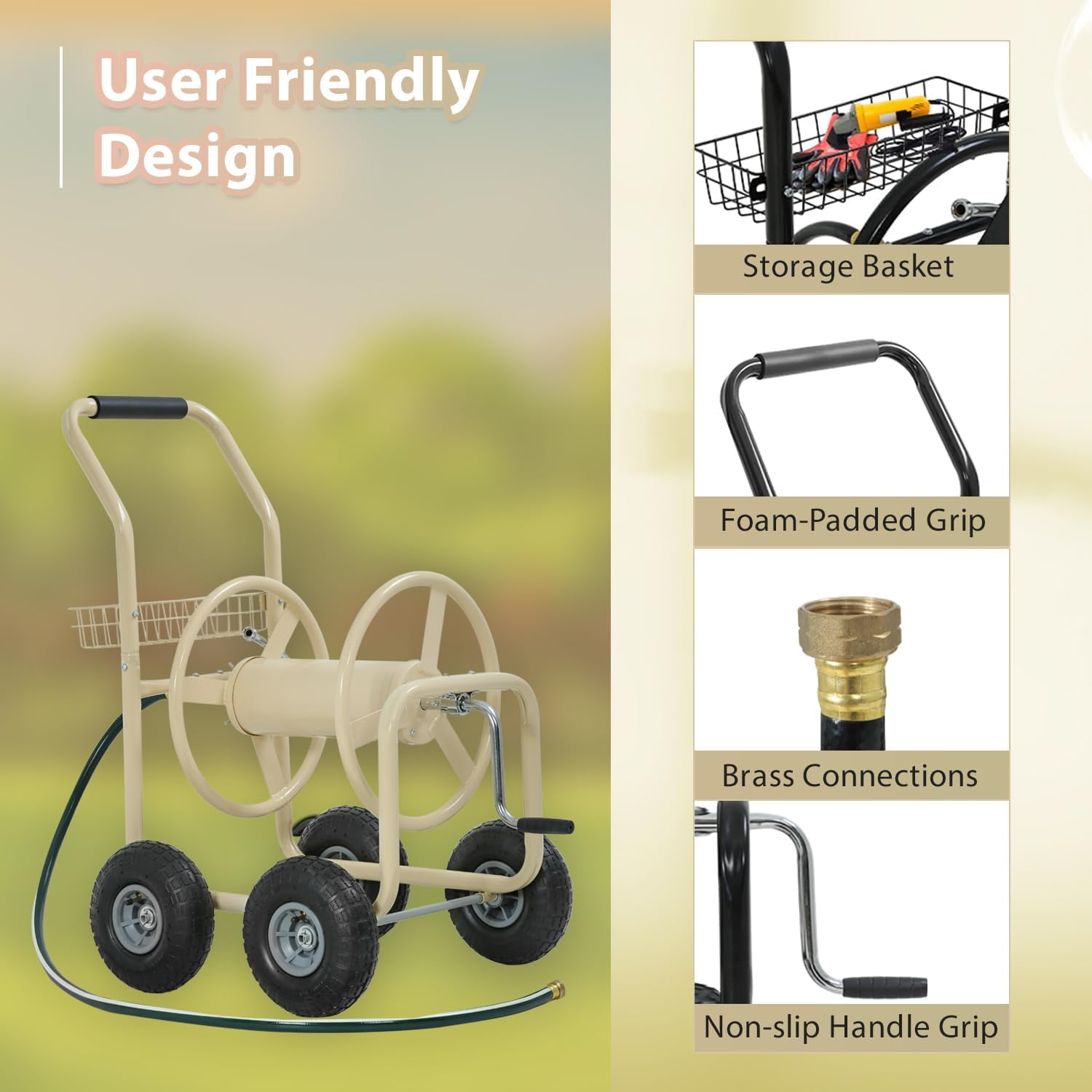 Hose Reel Cart, Hold Up To 300 Ft of 5/8" Hose, Garden Water Hose Carts Mobile Tools with Wheels and Storage Basket, Heavy Duty, for Garden, Yard, Lawn Outdoor Planting, Tan
