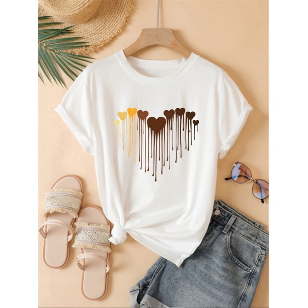 Cotton Crew Neck Women's Casual T-Shirt - Heart Print, Knit Fabric, Regular Length - for Spring/Summer/Fall (100% Cotton)