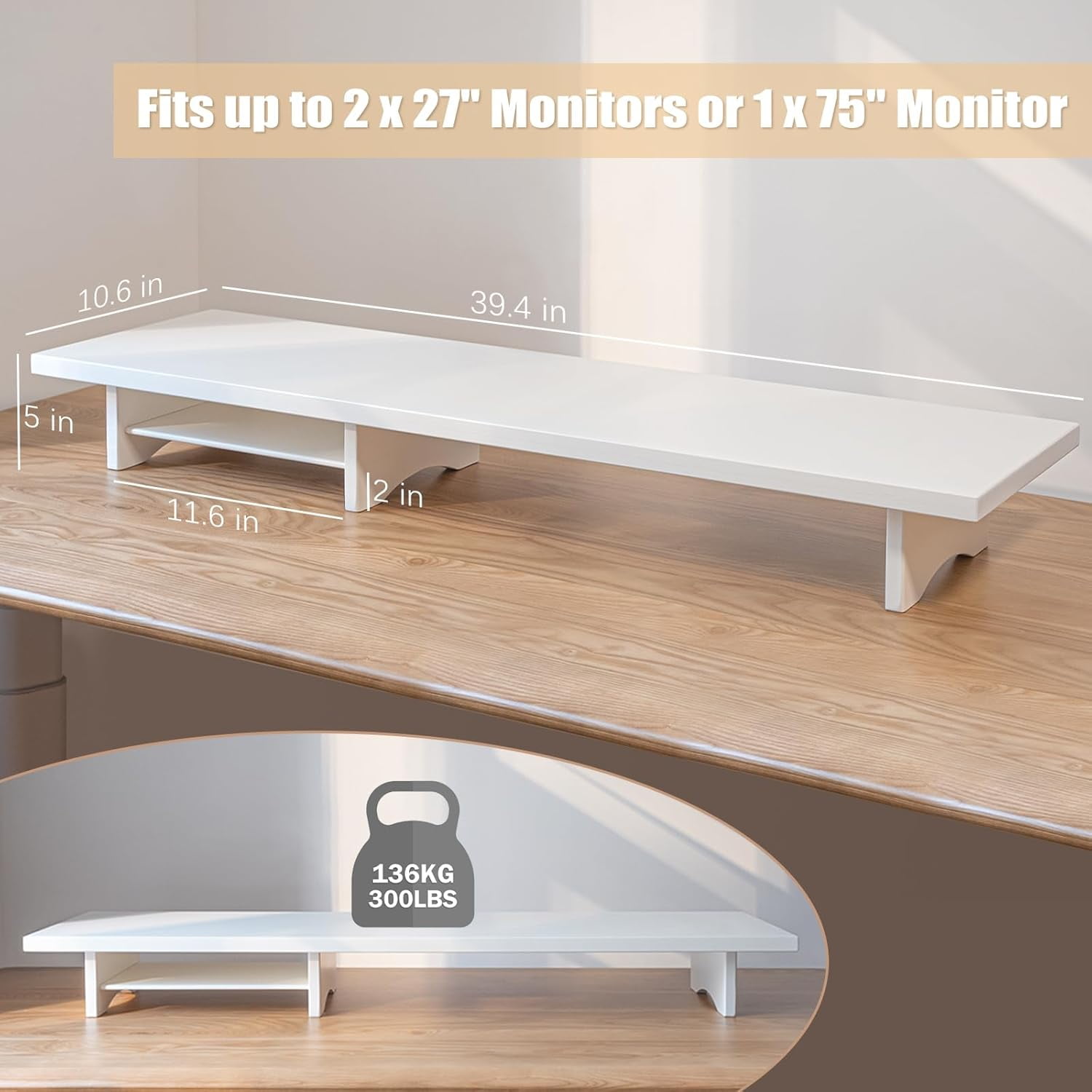 Dual Monitor Stand Riser White, 2-Tier Desk Organizer for PC Computer Monitor Printer Heavy TV  to 300 lbs