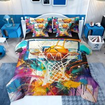 Castle Fairy Sport Basketball Bedding Comforter Set 7pcs for Kids Teens Adults,Ball Gamer Queen Bedding Sets Super Cozy,Abstract Graffiti Splash Queen Sheet Sets,Microfiber Bedroom Decor,Reversible