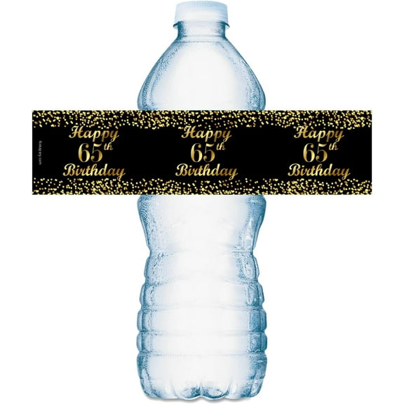 65th Birthday Black Water Bottle Labels; Set of 25 Waterproof Water Bottle Wrappers; Gold and Black Stickers. Happy Birthday Labels