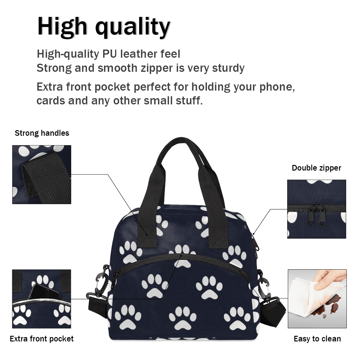 Herdesigns Dog Bones Paw Insulated Lunch Bag for Women Men Adults Large Reusable Lunch Box Dog Paws Leakproof Cooler Tote Bags with Adjustable Shoulder Strap