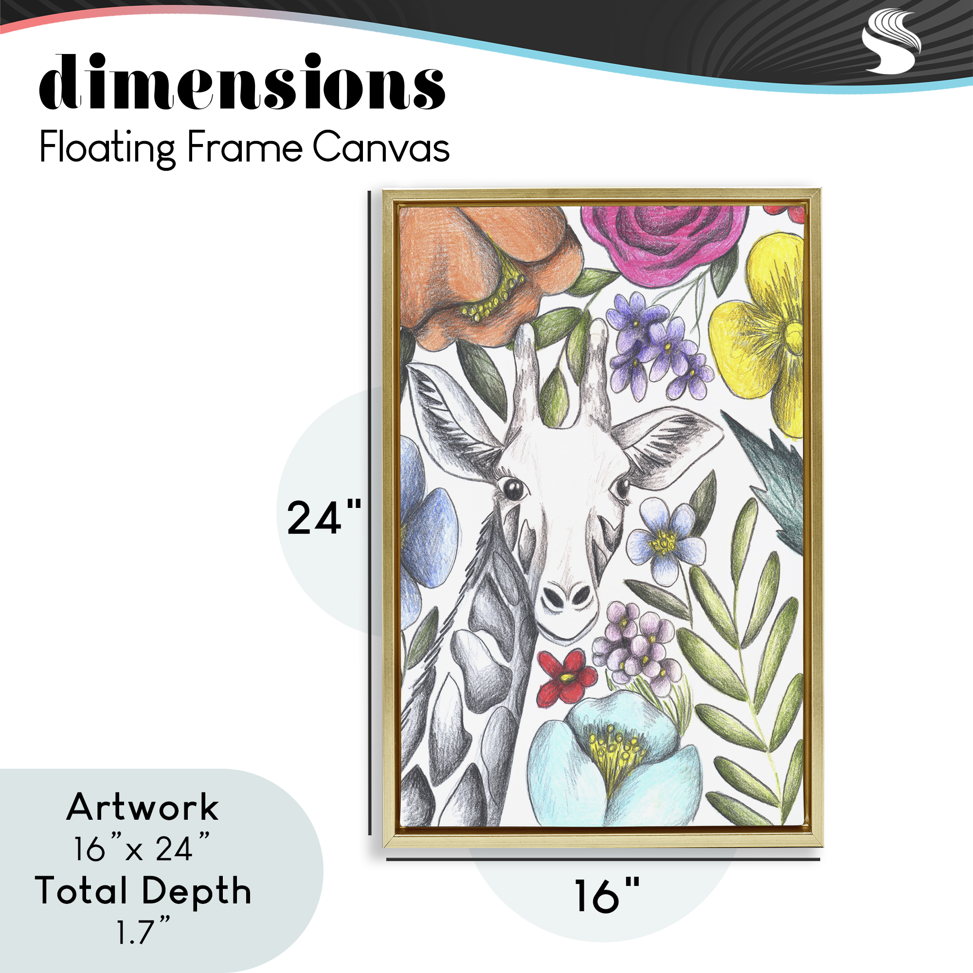Giraffe In The Midst of Flowers Gold Framed Floater Canvas Wall Art, design by Cecilia Battaini