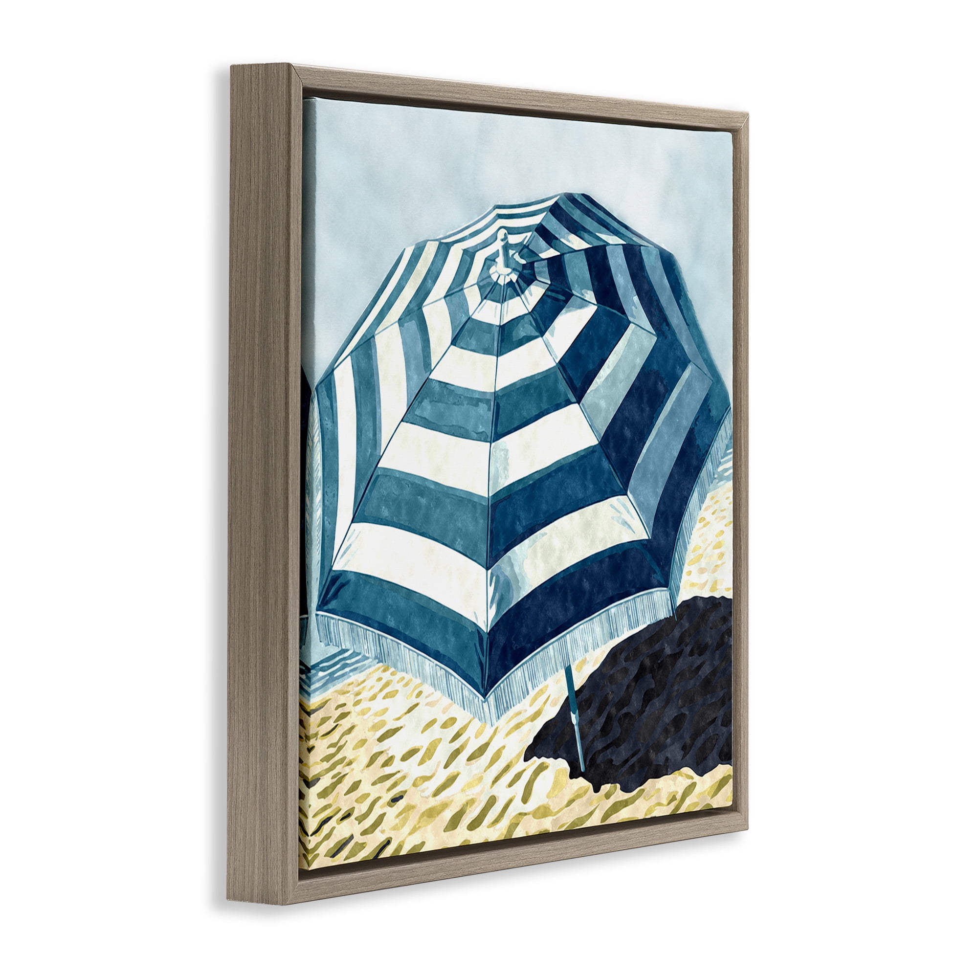 Stupell Industries Striped Beach Umbrella Landscape Painting Brown Floater Framed Canvas Art Print Wall Art, 18 x 18