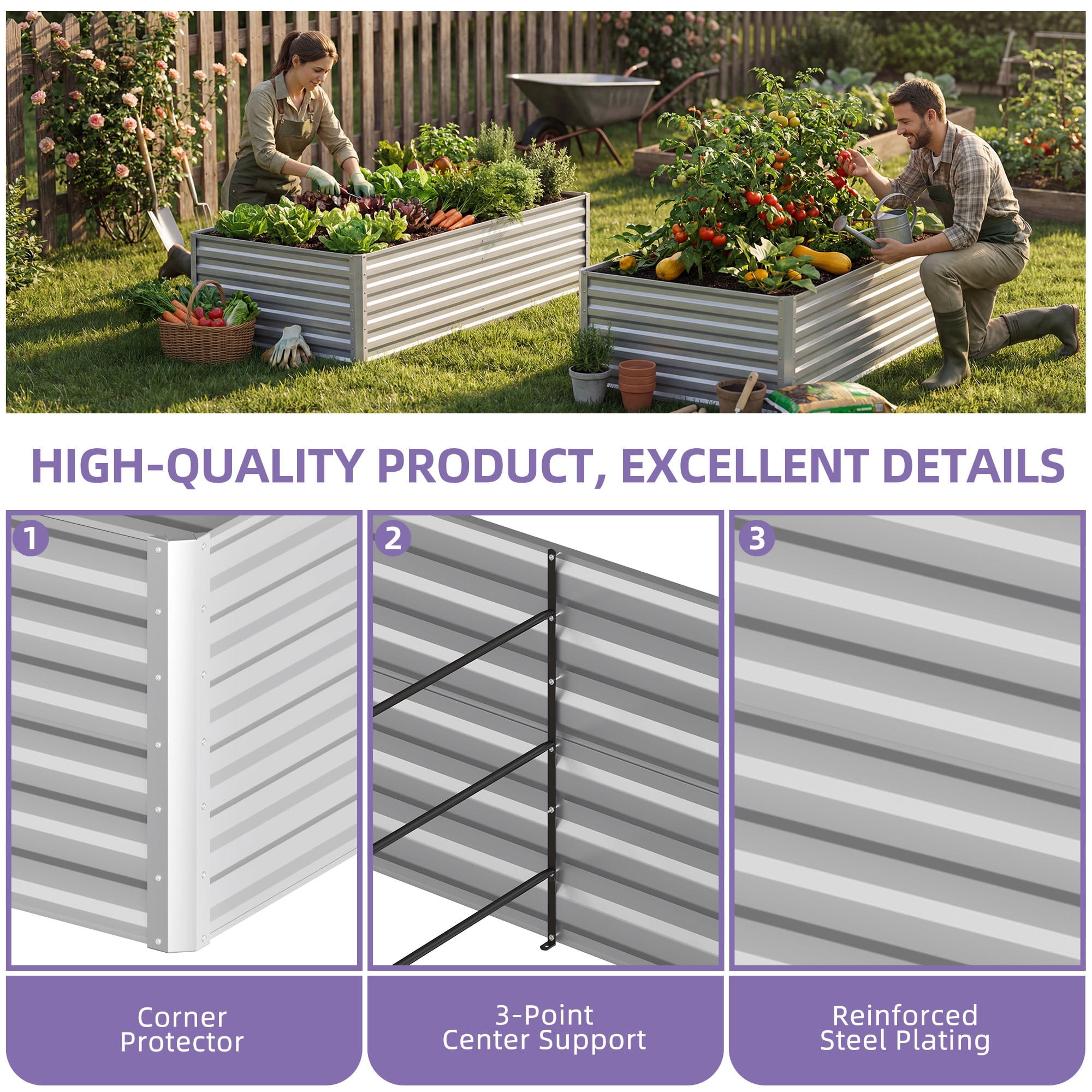 Uforic 6X3X2FT 1 Pack Galvanized Metal Raised Garden Bed Kit with Gardening Gloves & Support Rod, Outdoor Above Ground Planter Box for Plants Vegetables Flowers, Silver
