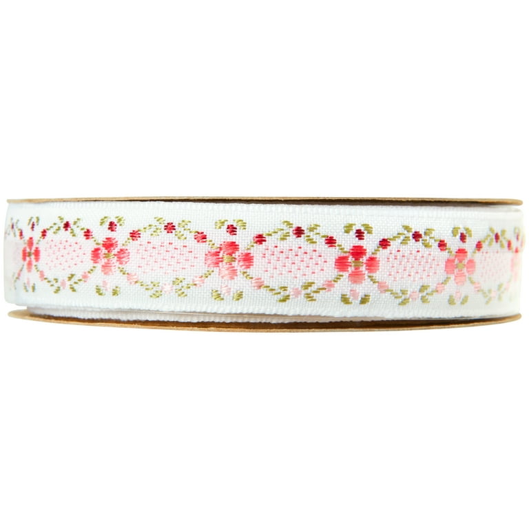 Offray Ribbon, White 5/8 inch Rose Jacquard Ribbon, 9 feet