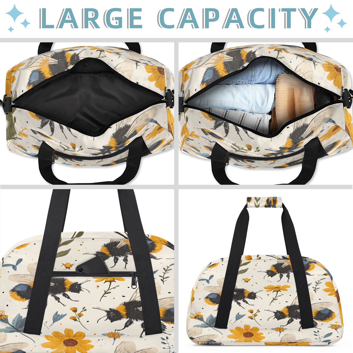 Herdesigns Bee Sports Duffle Bag for Women & Men, Flowers Bee Gym Bag Dance Bag Overnight Bag Carry On Weekender Travel Bag