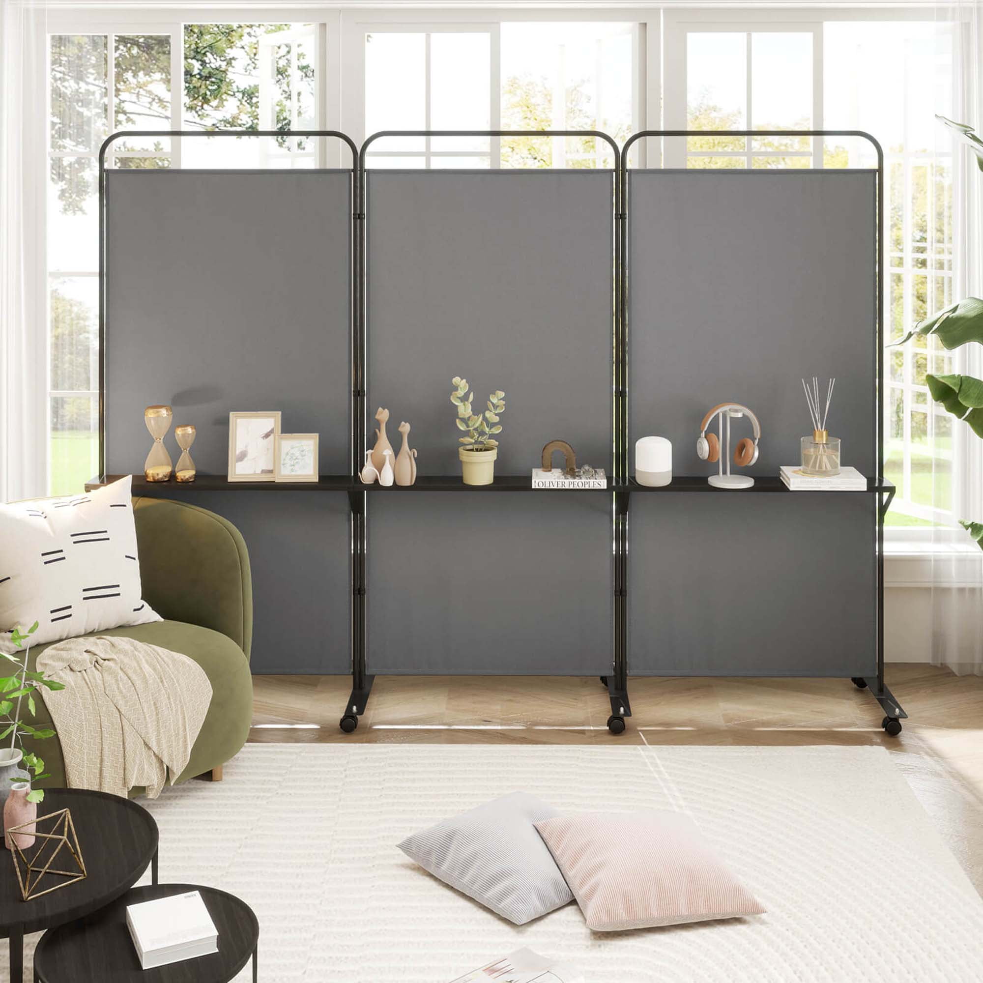 Costway 3-Panel Room Divider with Storage Shelves 6FT Tall Folding Privacy Screen on Wheels Gray