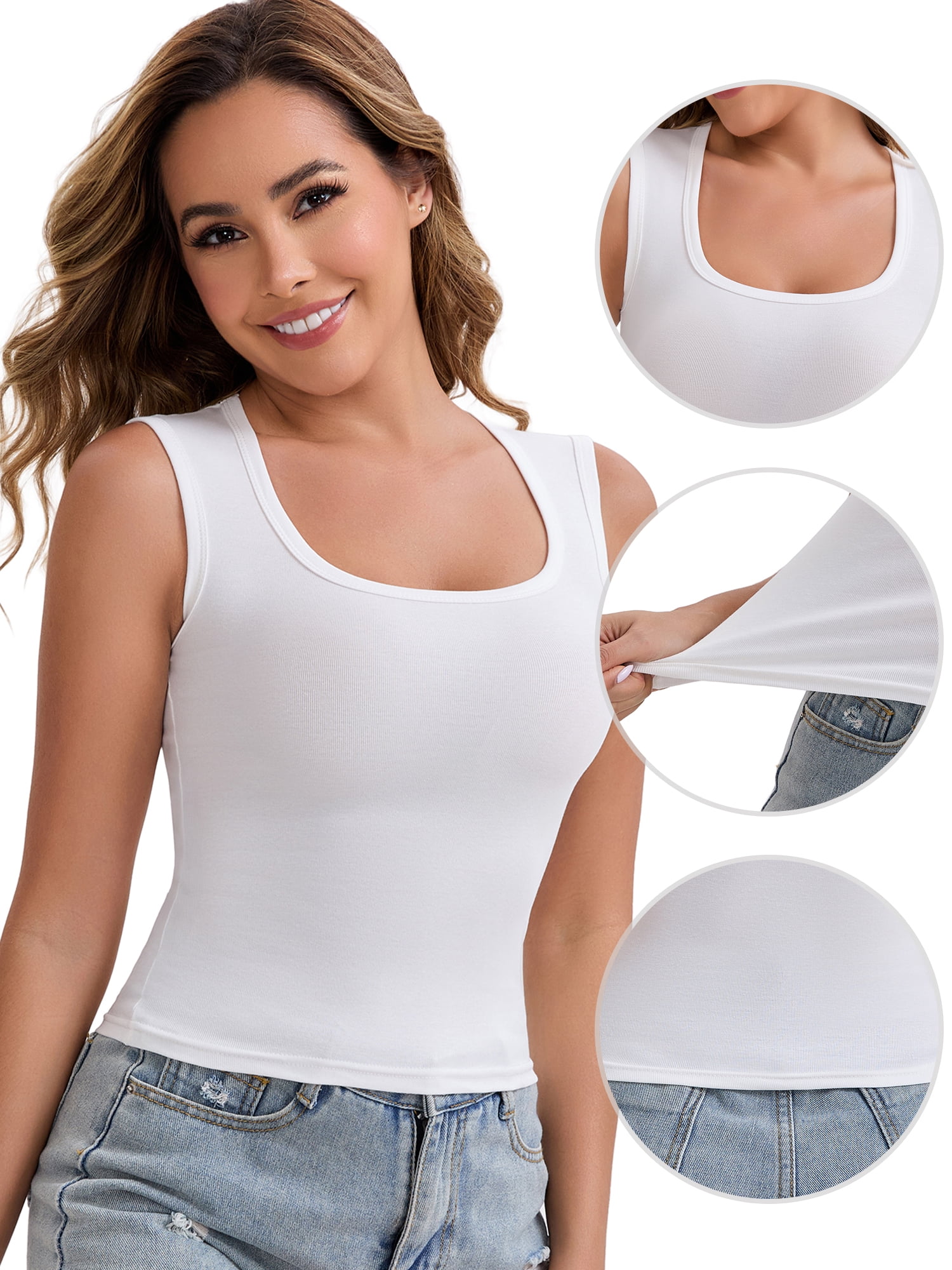 DARING DIVA Women's Wide Straps Square Neck Camisole Slimming Undershirt L White