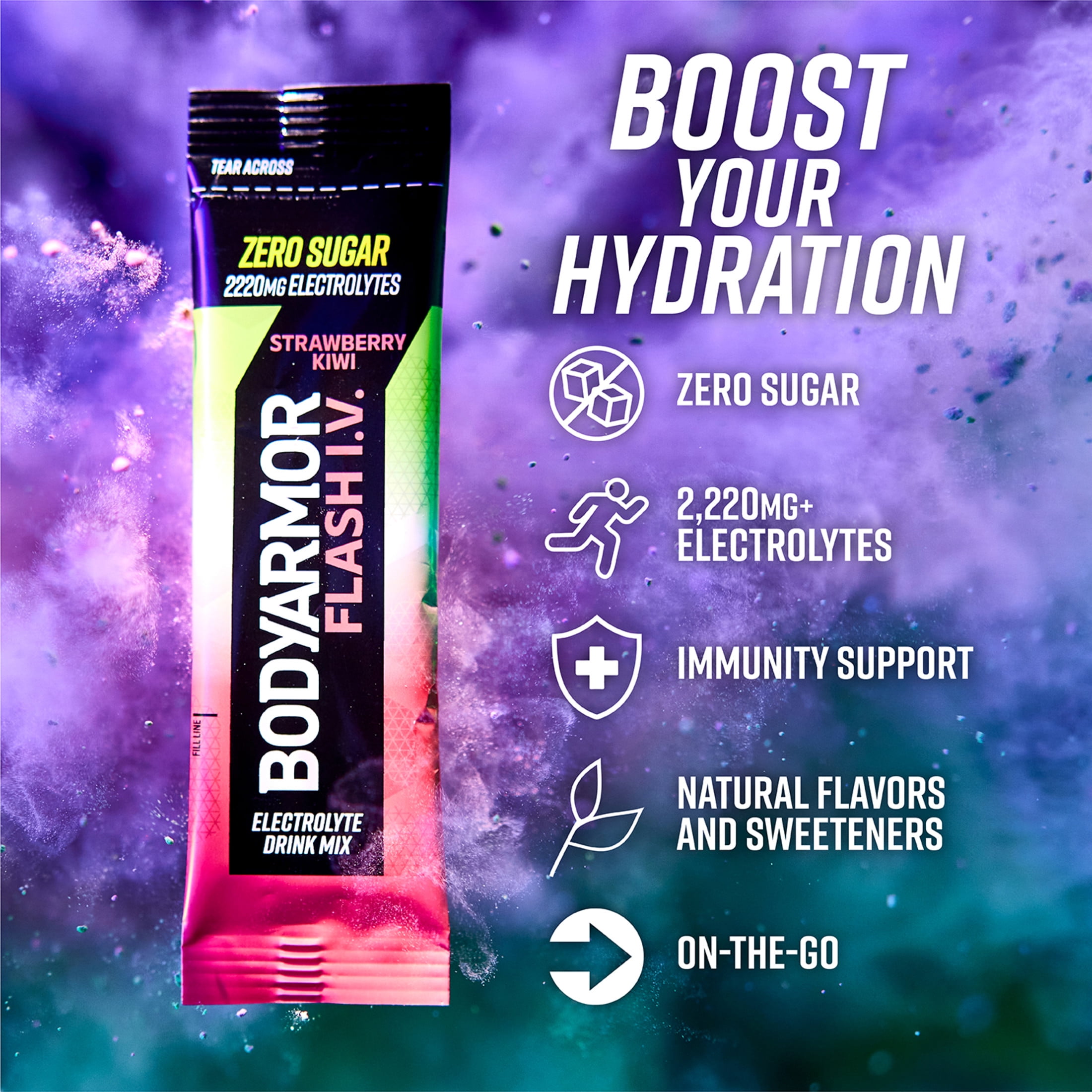 (2 pack) BODYARMOR Flash I.V. Strawberry Kiwi Zero Sugar Electrolyte Powder Mix, 0.25 dry oz, 15 Pack