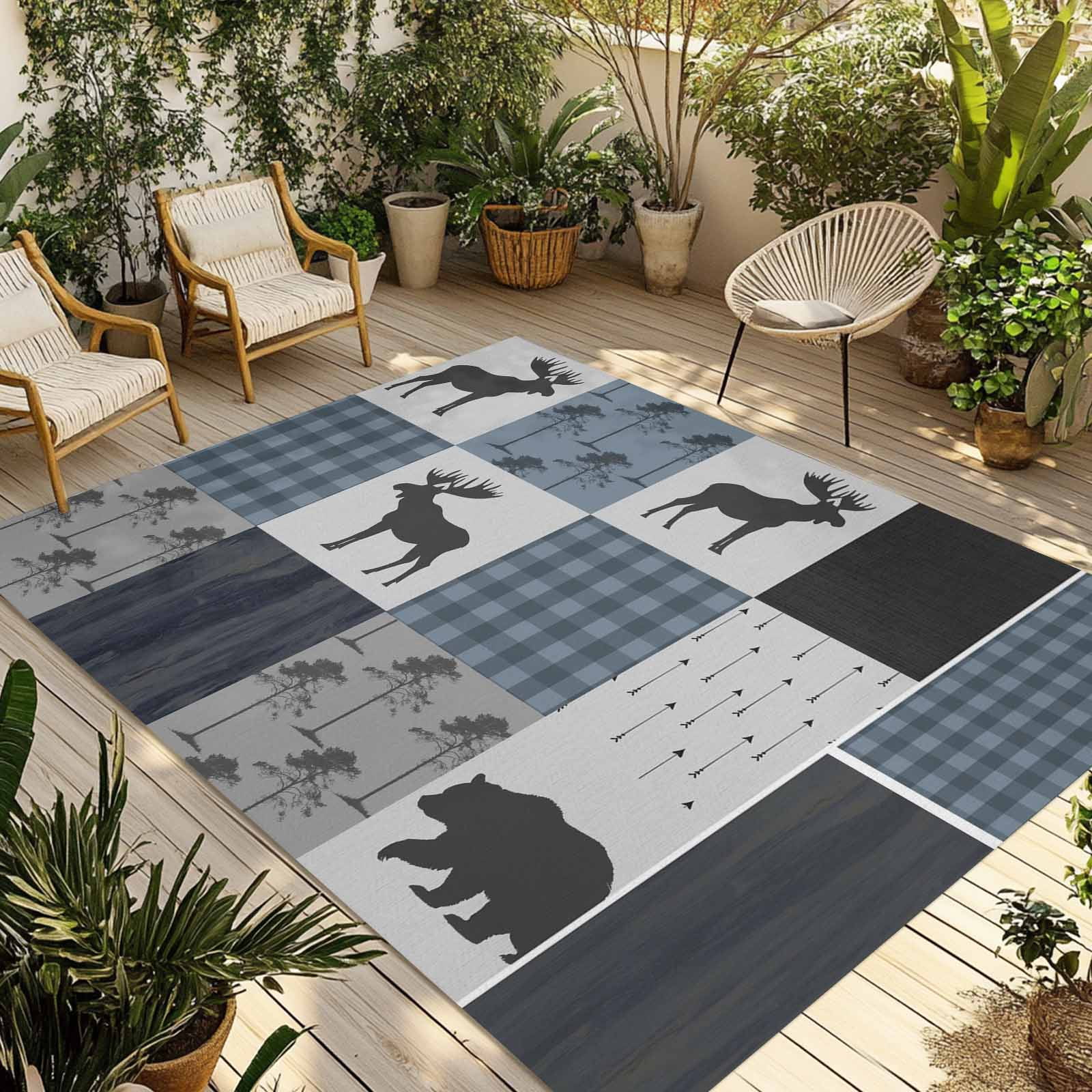 Outdoor Rug 6x9 ft Country Forest Bear Moose Waterproof Outdoor Patio Rug Mat Non Slip Outside Area Rugs Carpet for RV,Camping,Porch,Deck,Pool,Balconybackyard,Rustic Farmhouse Blue Black Plaid