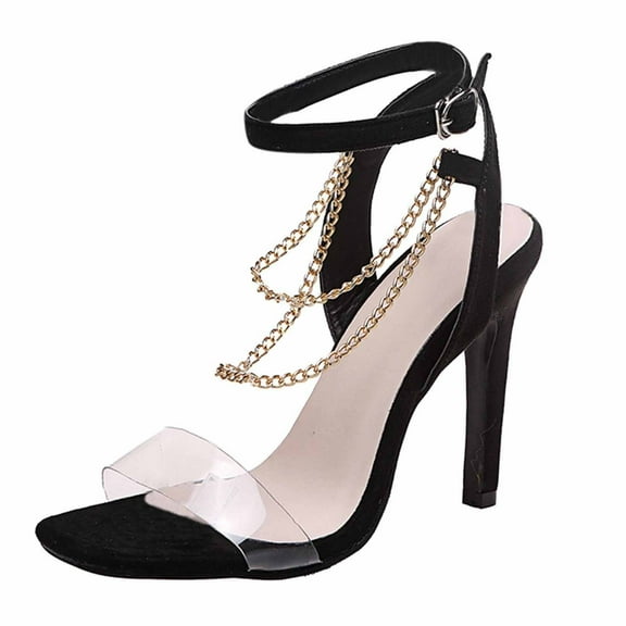 OAVQHLG3B Ankle Strap Sandals Women Beach Chain High Stoletto Heel Sandals Buckle Strap Square-Toe Sandals