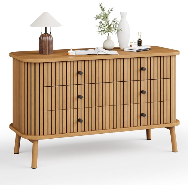 Cómoda de Madera con 6 Cajones, Cómoda de Almacenamiento Estilo Farmhouse Moderno para Recámara, Entrada O Pasillo