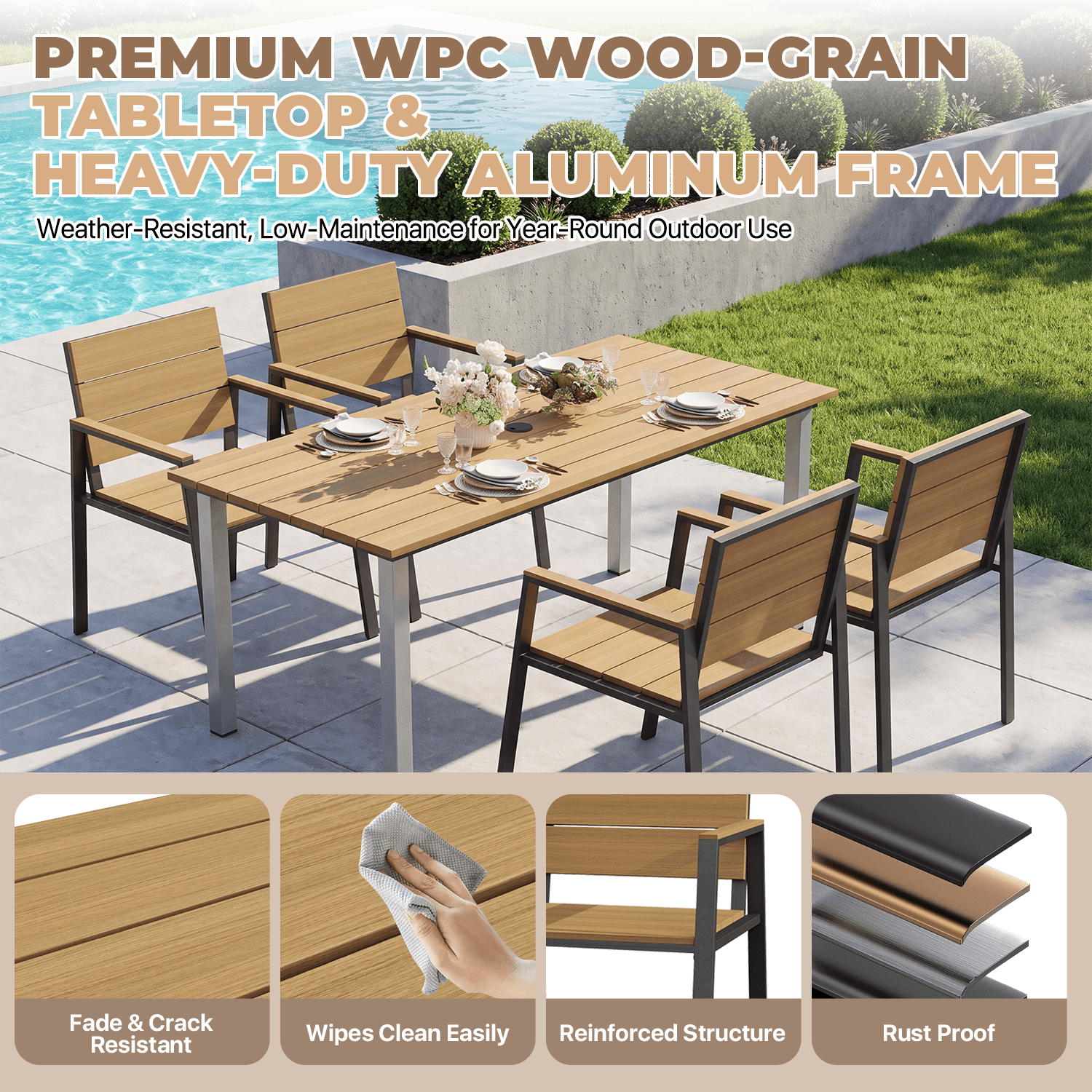BaPiPro 5-Piece Outdoor Patio Dining Set for 4, Rust-Free HDPS Aluminum Patio Table and Chairs with Umbrella Hole, Heavy Duty All Weather Fade Resistant Maintenance Free Backyard Furniture, Yellow