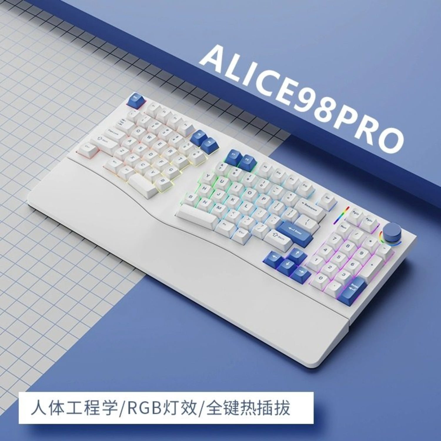 Alice98 Pro Mechanical Keyboard, 3° Typing Angle Ergonomic Design, Wireless Bluetooth/Wired Custom Keyboard with Alice Layout