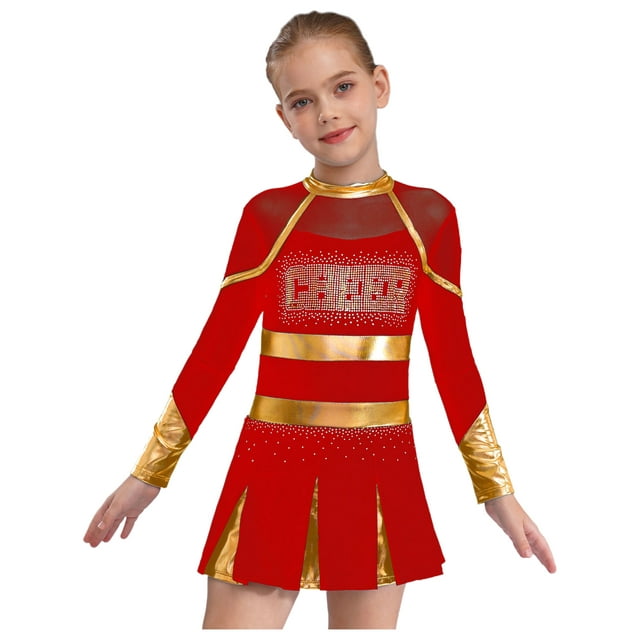 Tenues d'Uniforme de Cheerleading pour Filles Manches Longues avec Strass Robe Plissée Cosplay Rouge 10