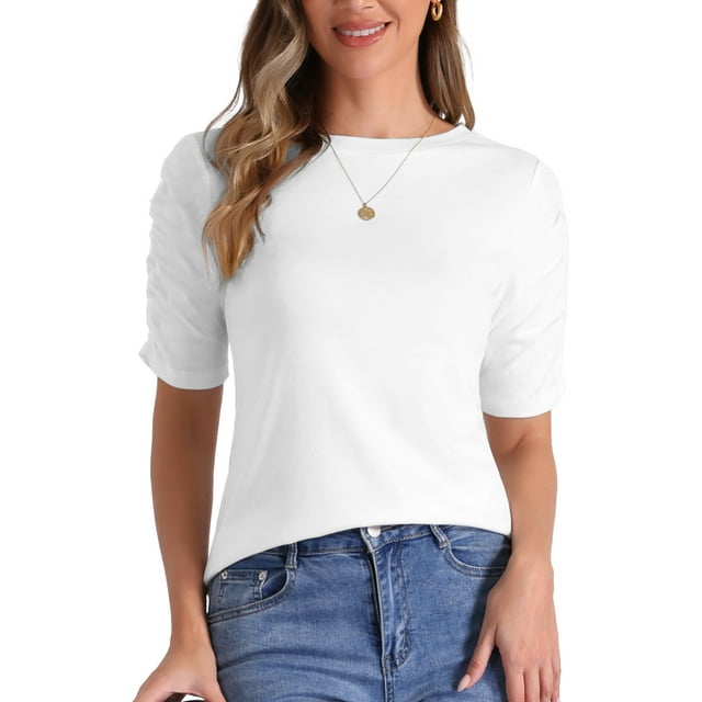 Camisetas básicas de verano casuales para mujer con cuello barco de manga corta INSPIRE CHIC, elásticas, color blanco