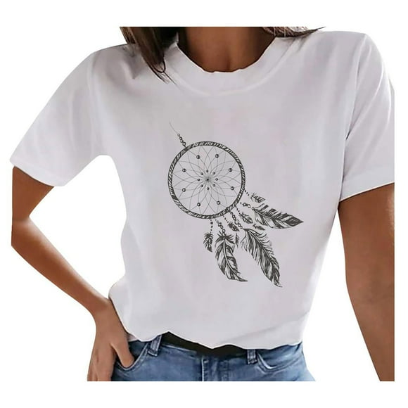 Pompotops Women's Summer Vintage Printed Pattern Casual Short Sleeve Tops Blouse