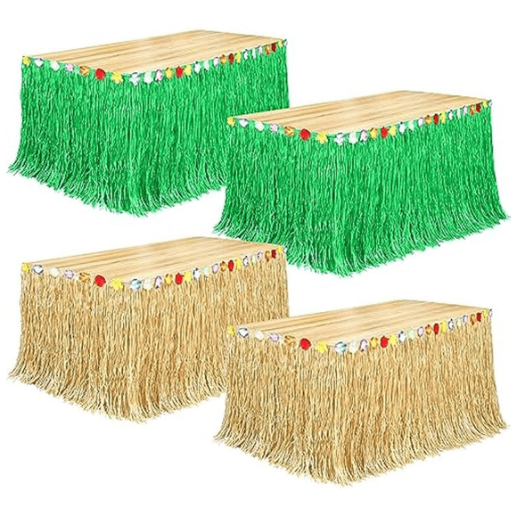 4Pack Luau Grass Table Skirt 9 Feet X 29.5 Inch Hawaiian Table Skirt for Tropical Hawaiian Luau Party Decorations