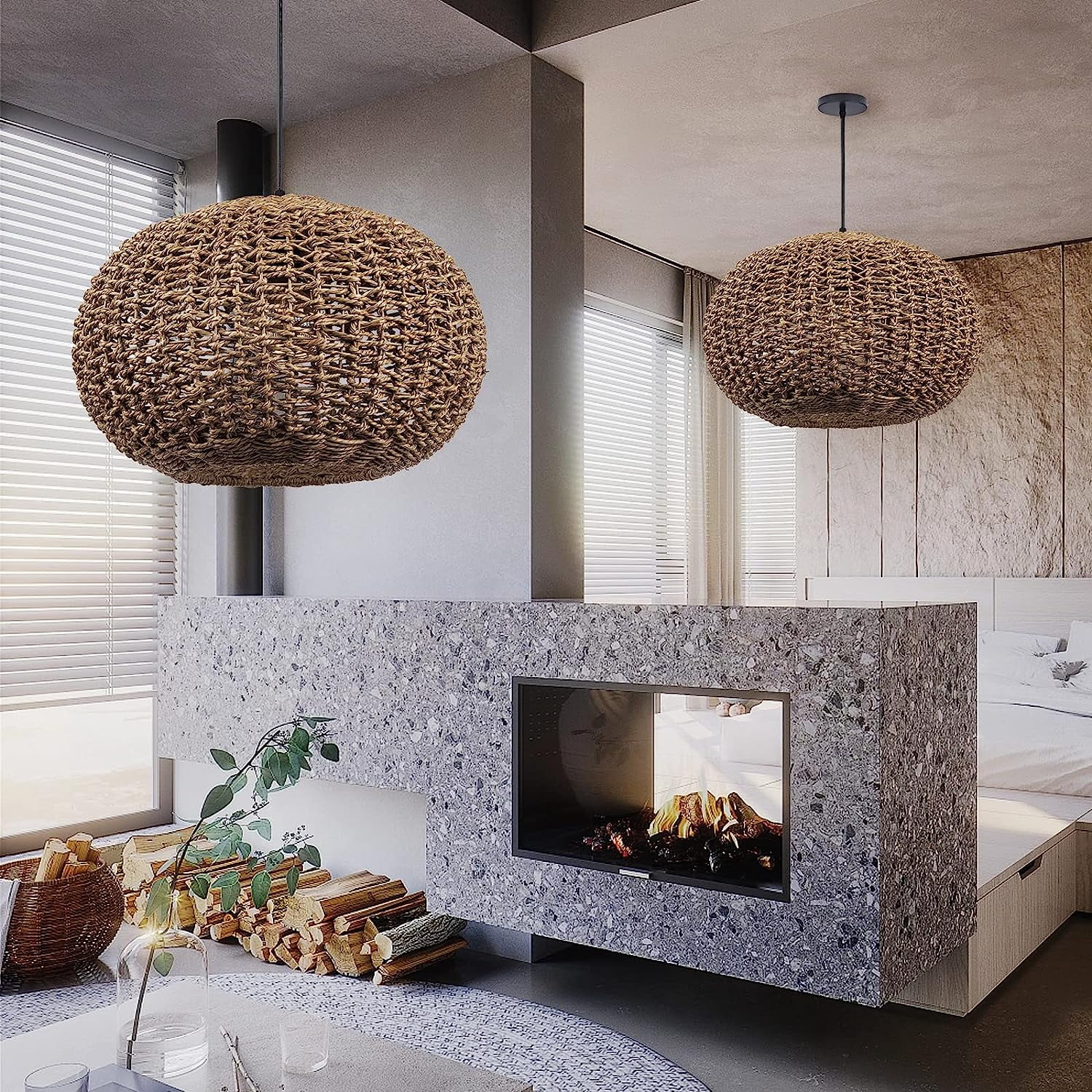 Arturesthome Handwoven Boho Pendant Lights Rattan Wicker Hanging Ceiling Lighting Fixture Weave Chandelier Lamp Shade for Kitchen Island Restaurant Craft Room