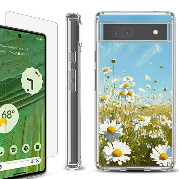 Shockproof Bumper Phone Case for Google Pixel 6a, with Tempered Glass Screen Protector, by OneToughShield ® - Daisy Field
