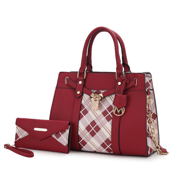 MKF Collection Christine Plaid Vegan Leather Women's Satchel Bag & Wristlet Wallet, Sleek Top-handle Purse Handbag by Mia K 2 pcs - Burgundy Red