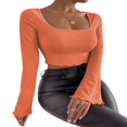 thumbnail image 4 of Women Solid Color Ribbed Square Neck Lettuce Hem Show Navel T-Shirts Spring Autumn Flare Long Sleeve Slim Crop Tops Black M, 4 of 6