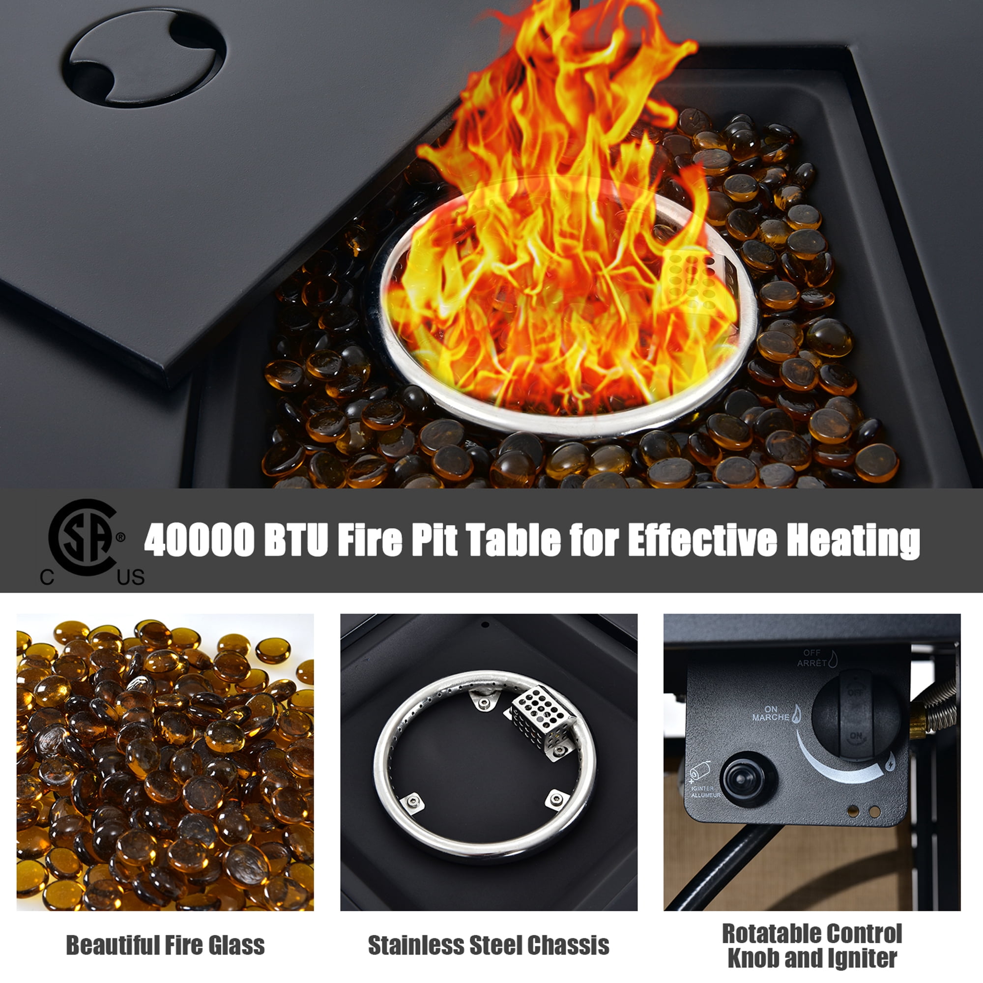 Gymax 25'' Gas Fire Pit Table 40,000 BTU Propane Fire Pit Table w/ CSA Certification