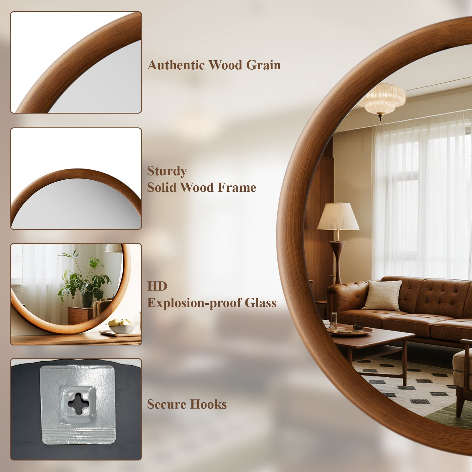 Easy4Home 24" x 24" Round Bathroom Mirror Wall Decor with Wooden Frame, Walnut