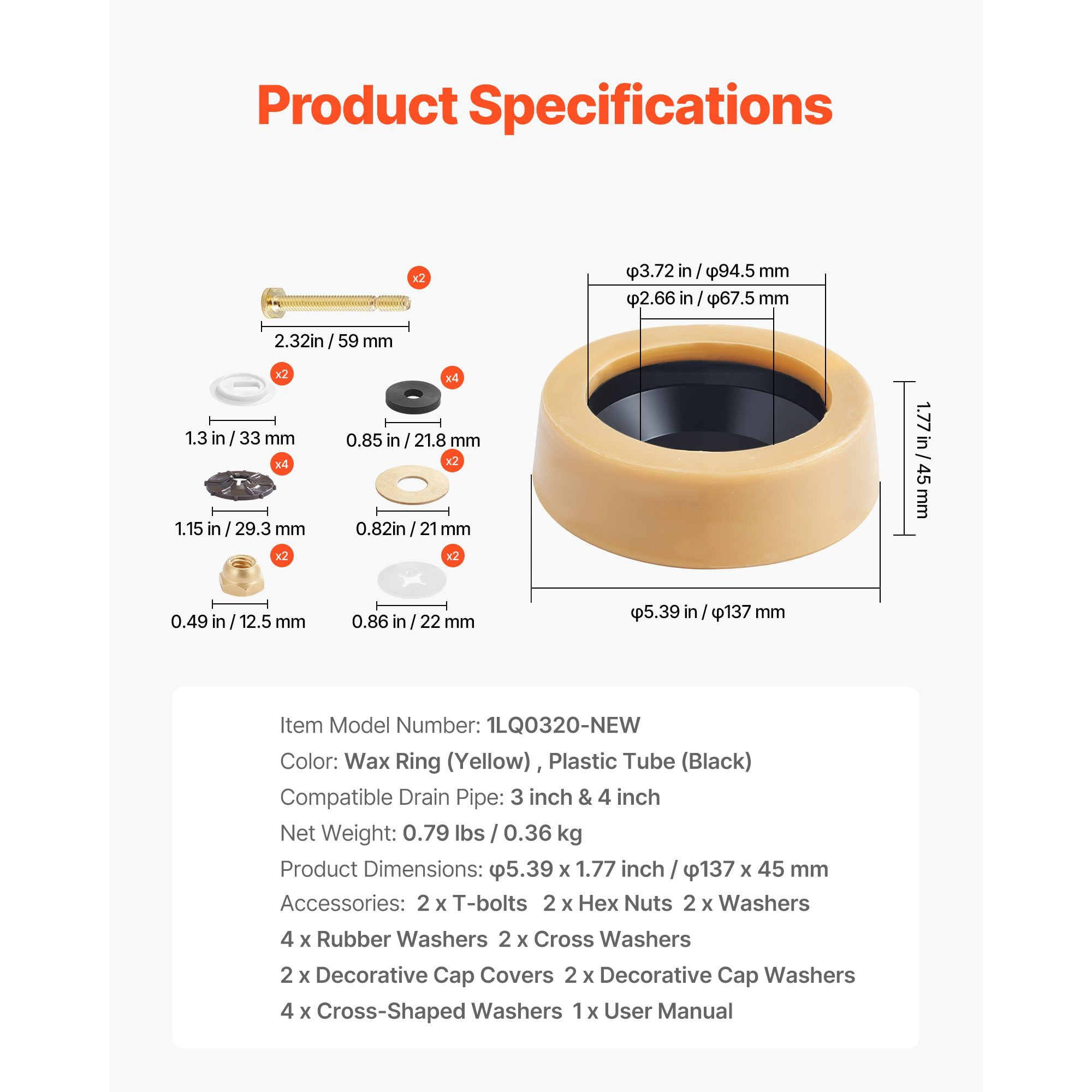 Toilet Wax Ring Kit with Rust-Resistant Fittings, Leak-Proof Odor Seal, Universal Toilet Bowl Gasket for Bathroom Installation Repair