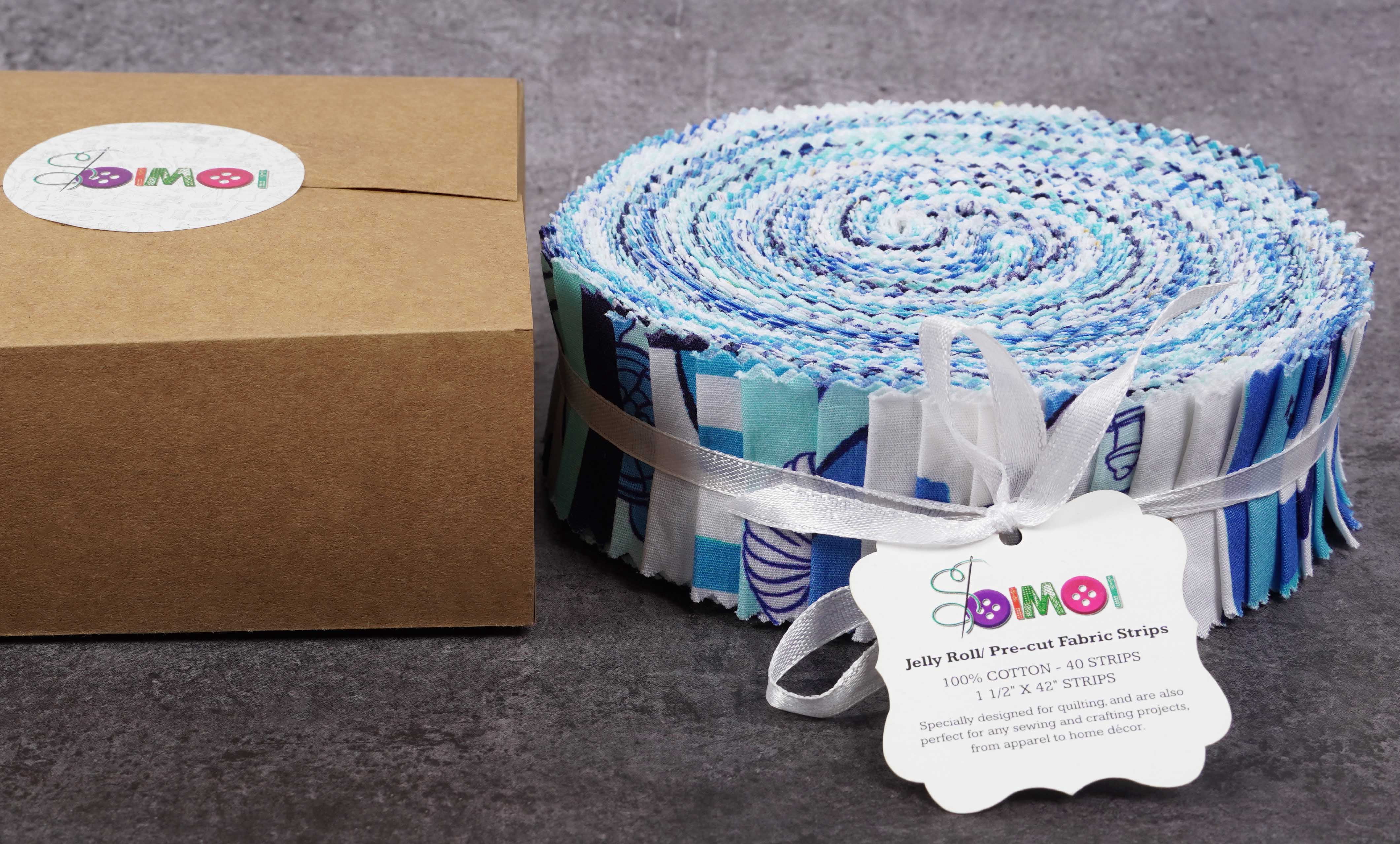 Soimoi 40Pcs Nautical Print Precut Fabrics Strips Roll Up 1.5 inches Cotton Jelly Rolls For Quilting - Medium Blue