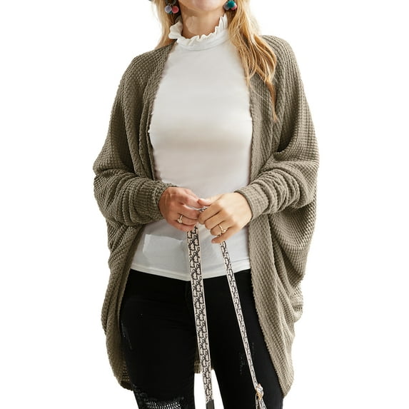 Doublju Womens Long Dolman Sleeve Open Front Round Shape Waffle Cardigan