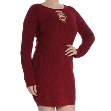 PLANET GOLD Womens Burgundy Ribbed Long Sleeve Keyhole Mini Body Con Wear To Work Dress Juniors Size: L
