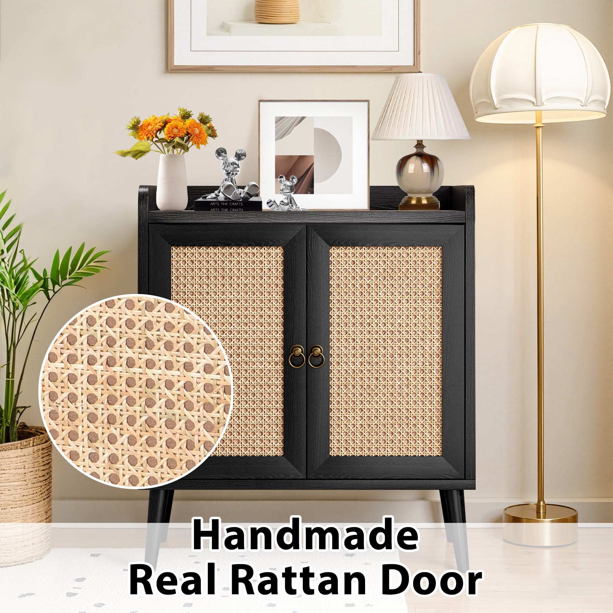 MAYEERTY Black 15*26*30"Rattan Decorated Sideboard Buffet & Liquor Bar Cabinet for Dining Room & Hallway