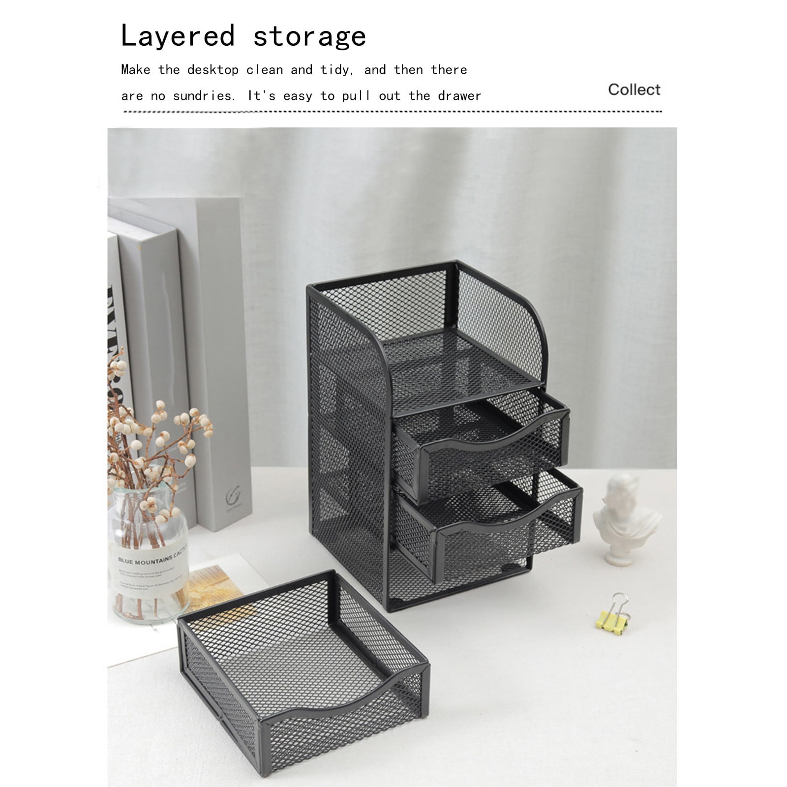Marbrasse 4-Tier Metal Desk Organizer With File Holder & Pen Cups - Desktop Paper Tray System For Office & Home