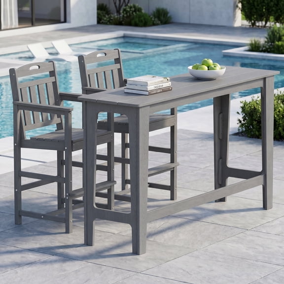 MUCHENGHY 3-Piece Outdoor Bar Set, HDPE Long Table & 2 Tall Chairs, Gray