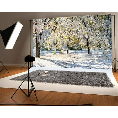 Image of GreenDecor Winter Trees Backdrop 7x5ft Photography Backdrop Snow Forests Fallen Leaves Studio Photos Video Props Children Baby Kids Portraits