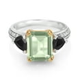 thumbnail image 2 of Gem Stone King 925 Sterling Silver and 10k Yellow Gold Green Prasiolite and Black Onyx 3 Stone Engagement Ring for Women (3.81 Cttw, Octagon Cut 10X8MM, Size 9), 2 of 4