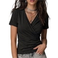 thumbnail image 2 of Womens V Neck Wrap Blouse T Shirt Short Sleeve Ruched Slim Fit Casual Solid Color Top 2XL, 2 of 4