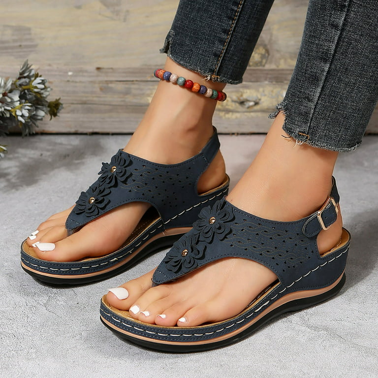 Akiihool Womens Dress Sandals Women's Flat Sandals Open Toe Ankle Strap  Comfort Shoes (Black,8.5)