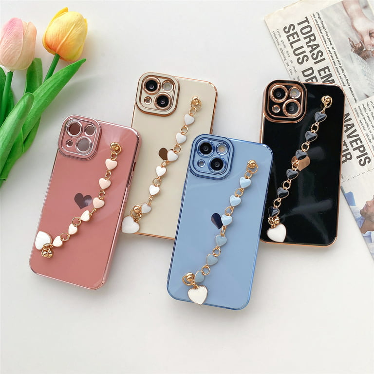 Dteck Strap Case for iPhone 14 Pro Max, Luxury Plating Shockproof Soft Flexible TPU with Love Heart Chain Bracelet Hand Strap Girl Women Cover Case