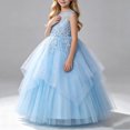 thumbnail image 2 of Girls Sleeveless Lace Tulle Flower Dress, Floor Length Layered Princess Ball Gown with Beading, Elegant formal Outfit for Wedding, Birthday Party, Pageant & Kids Photoshoot Events Blue 3-4Years, 2 of 6