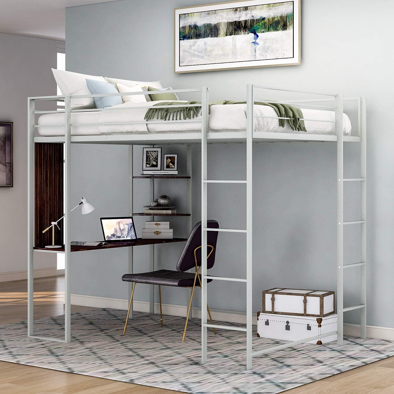 Churanty Twin Metal Loft Bed With 2, Bunk Bed Frame With Desk